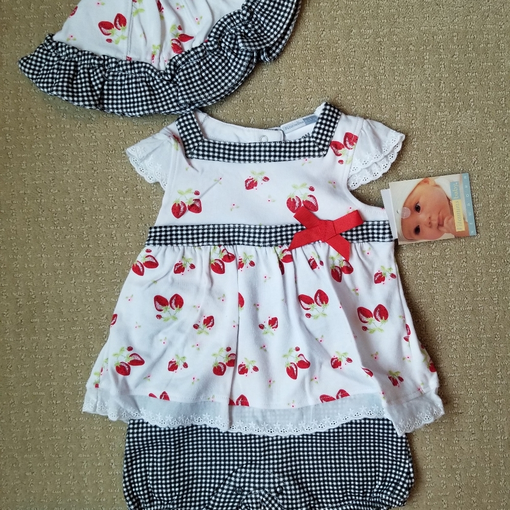 Nwt Vitamins Baby Cherries Sunsuit Romper & Hat 9m